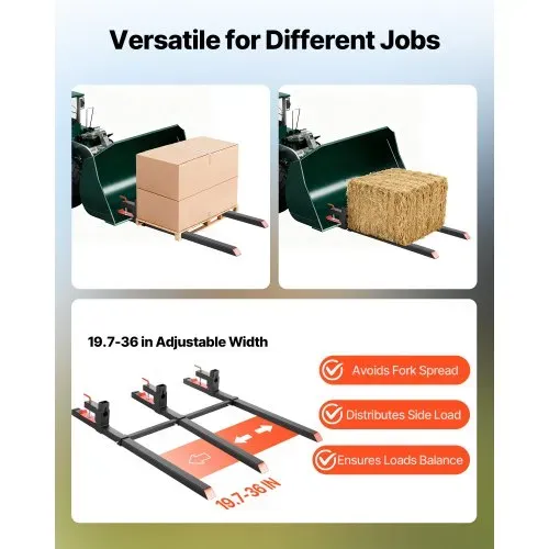 VEVOR Palettengabeln, 907 kg Gabelträger zum Anklemmen, 1490 mm Gesamtlänge, Gabelzinken mit verstellbarer Stabilisatorstange für Traktoranbaugeräte, Ladeschaufel und Kompaktlader, Schwarz – Bild 3