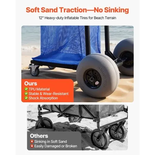 VEVOR Strandwagen mit Ballonreifen (12 Zoll), Faltbarer Strandtrolley mit 180° Verstellbarem Griff Pumpe und Aluminiumrahmen, Handwagen (75 kg Belastbar), Strandkarre Ideal für Camping Angeln Garten – Bild 2