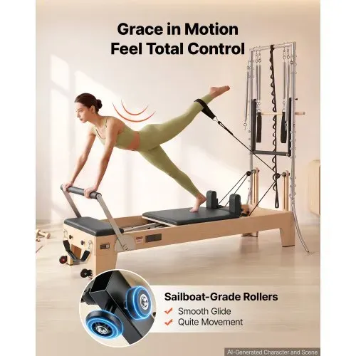 VEVOR Pilates Reformer mit Half Tower 2400 x 735 x 1990 mm aus Ahornholz Ideal für Heimgebrauch & Fitnessstudio, bis 181 kg Belastbar, mit Jumpboard, Federn, Pilates-Box und Verstellbarer Kopfstütze – Bild 4
