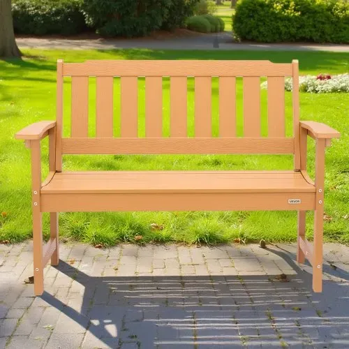 VEVOR Gartenbank Gartenmöbel Bänke 128 cm 363 kg Tragkraft für 2-3 Personen, wetterfester Kunststoffrahmen mit Rückenlehne und breiten Armlehnen, Terrassenbank für Garten Park Hof Holzfarbe – Bild 7