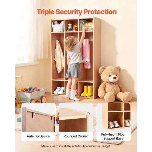 VEVOR Offener Kinderkleiderschrank aus Sperrholz, Kindergarderobe mit 6 Haken & 9 Fächern (3 Groß + 6 Klein), Garderobenregal & Aufbewahrungsregal für Kinderzimmer Zuhause Kindergarten Kita – Bild 4