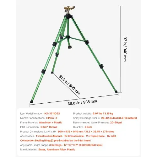 VEVOR Stativ Impulsregner, 2er-Pack, Rasensprenger mit Messingkopf & G3/4 Zoll-Anschluss, 360°-Gartenbewässerung, Sprinkler 430 bis 940 mm Höhenverstellbar, Kreisregner, Sprühregner, Stativregner – Bild 6