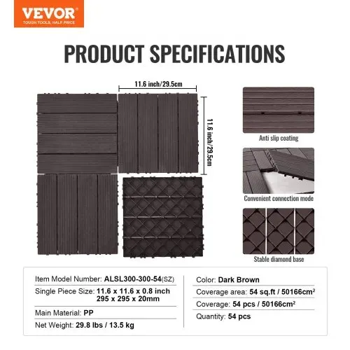 VEVOR Terrassenfliesen, 54er-Set, Balkonfliesen 295x295 mm, Klickfliesen, Kunststoff-Bodenbelag für den Außenbereich, Terrassenbodenbelag für Veranda, Pool, Balkon, Hinterhof, Dunkelbraun – Bild 6
