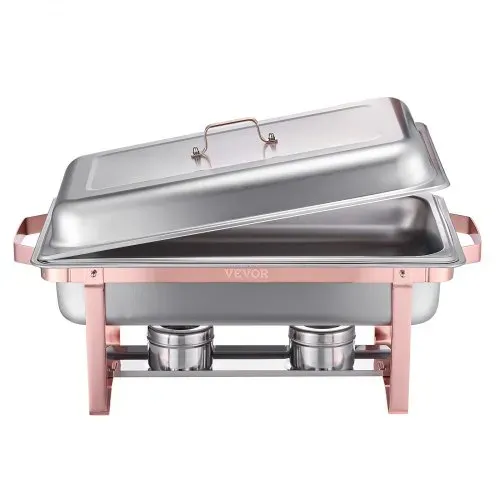 VEVOR Chafing Dish Set 2 Stk. Speisenwärmer Edelstahl mit 2 Pfannen (7,5 L) in voller Größe, rechteckiger Catering-Wärmespender mit Deckel & Wasserpfannenständer & Brennstoffhalter, Roségold – Bild 8