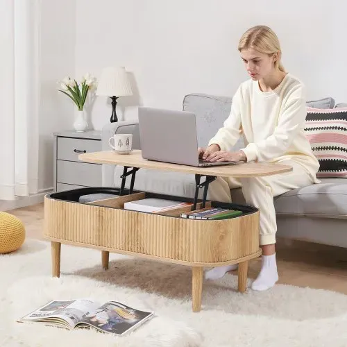 VEVOR Couchtisch Höhenverstellbar 1000x480x405-545 mm, Wohnzimmertisch mit Stauraum, Ausziehbarer Kaffeetisch im Mid-Century-Stil aus MDF, Hubtischplatte für Zuhause & Büro, Naturholz – Bild 7