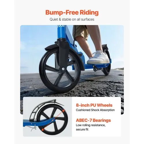 VEVOR Scooter (2 Räder) ab 8 Jahren, Cityroller Kinderroller Straßenroller mit höhenverstellbarem Lenker & rutschfestem Deck & Handbremse, faltbarer Tretroller bis zu 100 kg, Schwarz + Blau – Bild 2