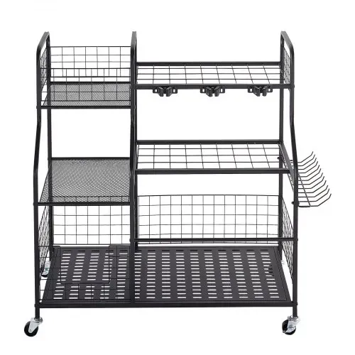 VEVOR Gartengeräte Ständer 1050x435x1005mm Gerätehalter mit Rollen Schwarz, Aufbewahrungsregal für Garage Schuppen Garten, Stahl-Organizer für Besen, mit 3 Ablagefächern Haken & Doppelschichtschlitzen – Bild 8