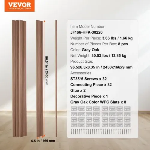 VEVOR Akustikpaneele 8er-Set, Akustikplatten, 2450 x 166 mm, WPC-Akzent-Holzwandpaneele für moderne Innenwände, Kunstholz-Wandplatten für stilvolles Dekor und Geräuschreduzierung, Graueiche – Bild 6