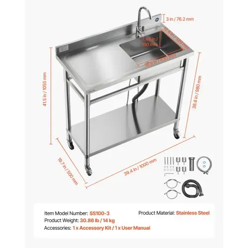 VEVOR Spültisch Spülbecken Edelstahl (1000 x 500 x 1055 mm), Einzelbecken mit Wasserhahn & Rädern, Küchenspüle für Garage Restaurant Wäscherei, Waschtisch Außenspüle mit Arbeitsplatte (links) – Bild 6