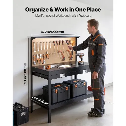 VEVOR Werkbank mit Lochwand, 110kg Belastbarer Arbeitstisch inkl. 2 Ablagefächer 2 Schubladen LED-Beleuchtung & Integrierter Steckdosenleiste mit USB, Multifunktionstisch mit Werkzeugwand für Heimwerk VEVOR Werkbank mit Lochwand, 110kg Belastbarer Arbeitstisch inkl. 2 Ablagefächer 2 Schubladen LED-Beleuchtung & Integrierter Steckdosenleiste mit USB, Multifunktionstisch mit Werkzeugwand für Heimwerk