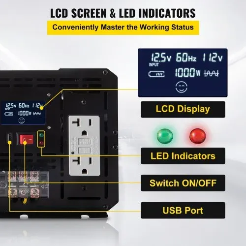 VEVOR Wechselrichter, 5000 W modifizierter Sinus-Wechselrichter, 12 V DC auf 110 V AC Fahrzeugadapter, mit LCD, Fernbedienung, LED-Licht & GFCI-Steckdosen für RV, LKWs, Boote & Outdoor-Adv – Bild 3
