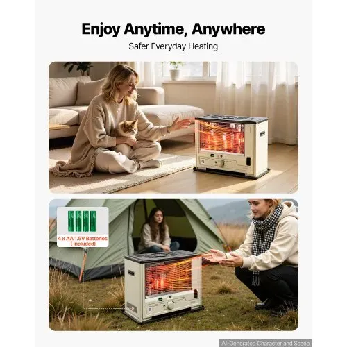 VEVOR Petroleumheizung 2930W Tragbare Petroleumofen 4,44L Ölheizung Beige, Heizkanone für Zuhause Camping Notfall, Max. 10 m², Sicherheitsgitter, Kippschutz, Flammenregulierung, mit Tankanzeige & Akku – Bild 5