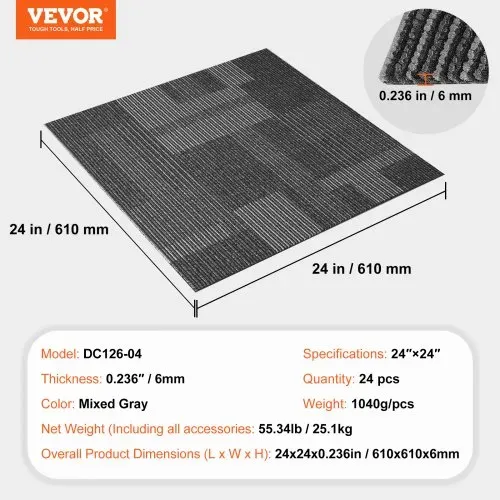 VEVOR Teppichfliesen, 610 x 610 mm, Teppichboden mit angebrachter Polsterung, weich gepolsterte Teppichfliesen, einfache DIY-Installation für Schlafzimmer und Wohnzimmer (24 Stk., gemischtes Grau) – Bild 6