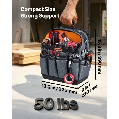 VEVOR Offene Werkzeugtasche 33,5x23x39cm, Aufbewahrungstasche mit 24 Innen- & 15 Außenfächern, Wasserfester Werkzeug-Organizer aus Polyester mit Schultergurt & Tragegriff, Werkzeugtrage für Handwerker – Bild 2