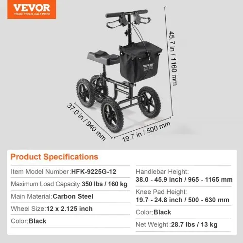 VEVOR Knieroller Knie-Walker aus Karbonstahl mit höhenverstellbarer Lenkstange und Kniepolster 30 cm Geländerad Doppelbremsen, Bein-Rehabilitationsroller für verletzte Knöchel Füße und Knie 160 kg – Bild 6