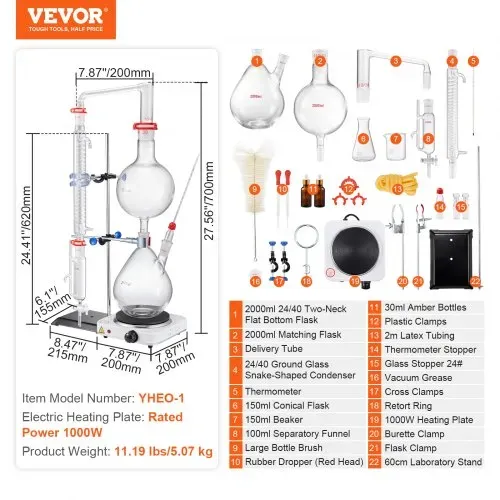 VEVOR Destillationsset für Ätherische Öle, 2000-ml-Destillationsgerät, 3,3-Boro-Laborglas-Destillationsset mit 1500-W-Heizplatte und 24-, 40-Verbindung, 28-teiliges Set – Bild 6