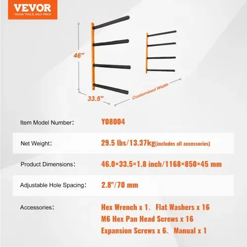 VEVOR Kayak Wandalterung Kajak Aufhänger 1168 x 850 x 45 mm, Kajakständer 4 Kajaks 797,5 ± 10 mm Stützarmlänge, 181,6 kg Tragfähigkeit Kajak Aufbewahrungsregal Robuste Kajak-Aufbewahrungshaken – Bild 6