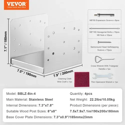 VEVOR 4er-Set Aufschraubhülse 190 x 200 x 180 mm Pfostenträger Kohlenstoffstahl Pfostenschuh Pfosten Pfostenunterlage Bodenhülse Stützenfuß Ideal für Verandageländern, Pergolen und Säulen – Bild 6