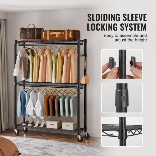 VEVOR 3-lagiger Rollbarer Kleiderständer Garderobenständer Kleiderstangen, 204 cm Höhe Stahl Kleiderständer 182 kg Belastbar, Strapazierfähig Ständer für Schlafzimmer, Wäscheraum, Ankleidezimmer usw. – Bild 5
