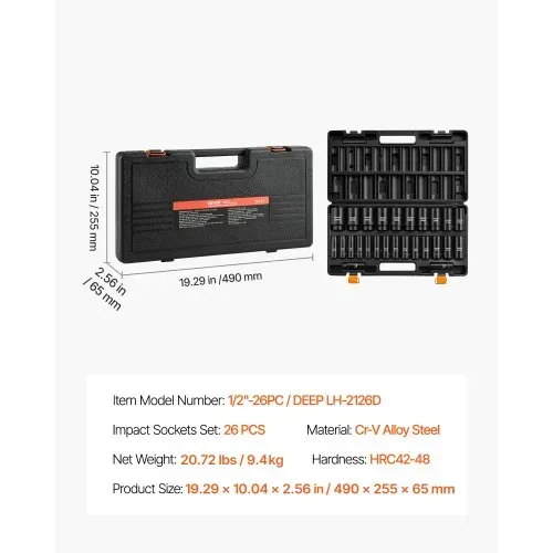 VEVOR Schlagschrauber Nüsse Set, 1/2 Zoll 26-tlg., Sechskant-Steckschlüssel, Metrisch 10–30 mm, 32–36 mm, Schlagnuss-Set mit Koffer, aus Chrom-Vanadium-Legierungsstahl, für Fahrzeugreparaturen – Bild 6