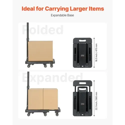 VEVOR Sackkarre klappbar, 227 kg Tragkraft, Transportkarre mit 6 Rädern, 2 elastischen Seilen & erweiterbarer Basis, Transportwagen für Flughafen, Reisegepäck, Büroumzüge, Schwarz, 560x305x1010 mm – Bild 3