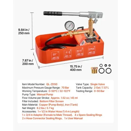 VEVOR Hydraulische Abdrückpumpe Druckprüfpumpe 7,57 L 0-50 bar Einzelventil, Handdruckpumpe mit Manometer und Tank, für Rohrleitungen, Wasserleitungen, Heizungen, Druck- und Leckprüfung – Bild 6