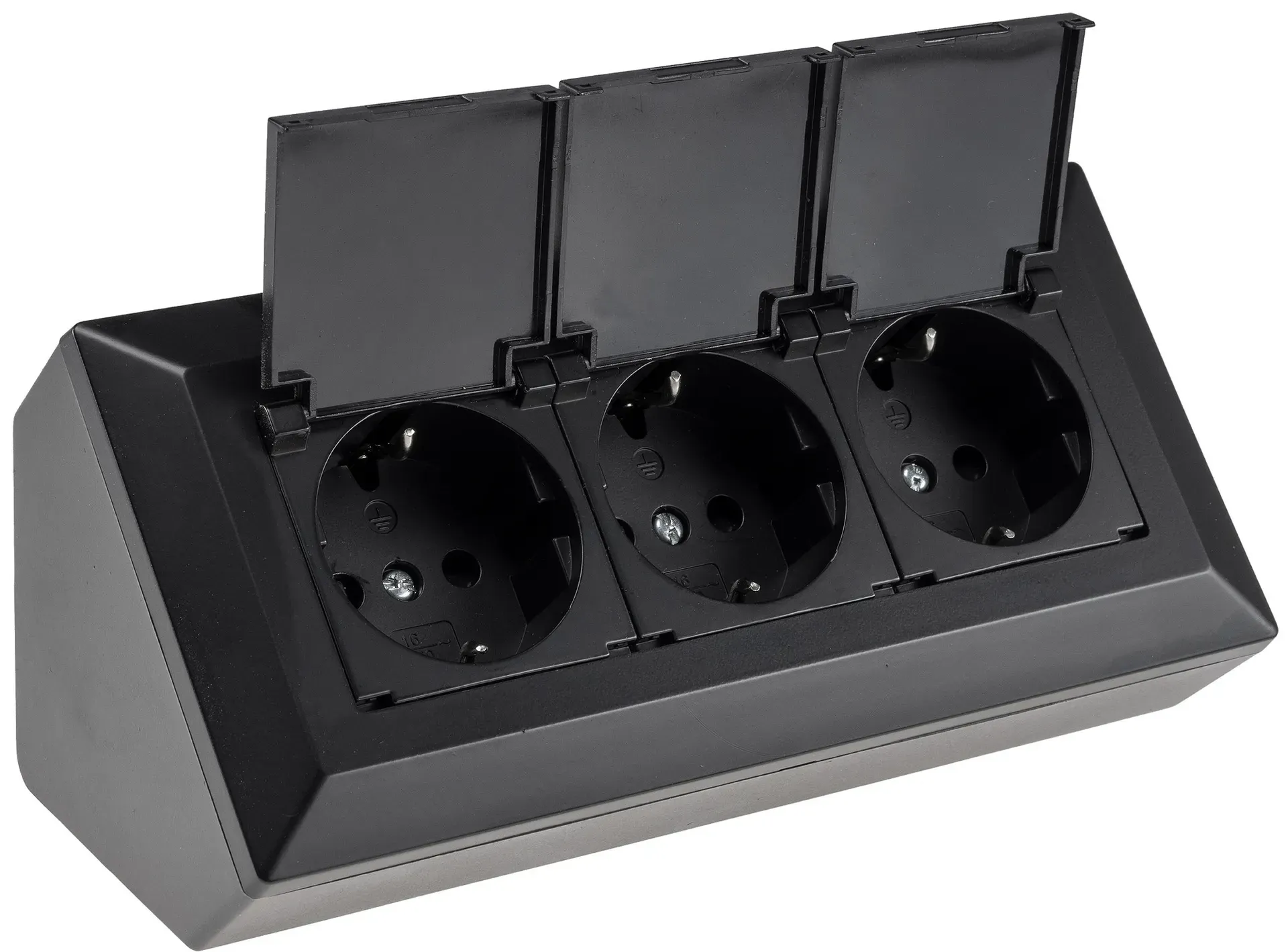 3-fach Steckdosenblock, schwarz 250V~/ 16A, Aufbaumontage mit Klappen 3-fach Steckdosenblock, schwarz 250V~/ 16A, Aufbaumontage mit Klappen