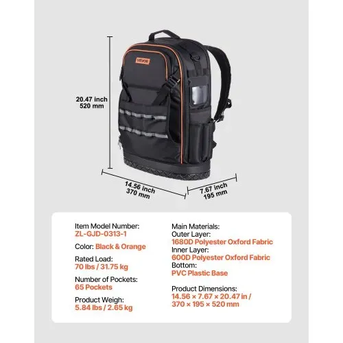 VEVOR Werkzeugrucksack, 65 Taschen, Werkzeug-Aufbewahrungs-Organizer, Backpack mit Laptopfach & geformtem Boden, Baustellenrucksack für Elektriker, Reparaturarbeiter & Heizungstechniker – Bild 6