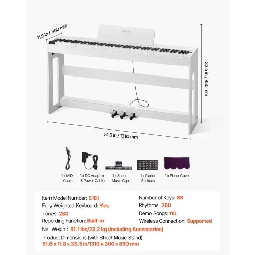 VEVOR Gewichtetes Digitalpiano, 88 Tasten vollgewichtet, E-Piano-Tastatur mit Möbelständer, Netzadapter, Dreifachpedal, Aufnahmefunktion, 280 Töne, Kabellose Verbindung, für Anfänger, Weiß – Bild 6