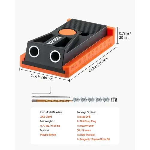VEVOR Pocket Hole Jig Kit Taschenloch-Vorrichtungssatz 12,7-38,1 mm verstellbar, Vorrichtungs-Taschenlochsystem mit Stufenbohrer Sechskantschlüssel Bohrstoppring Vierkant-Antriebsbit Schrauben – Bild 6