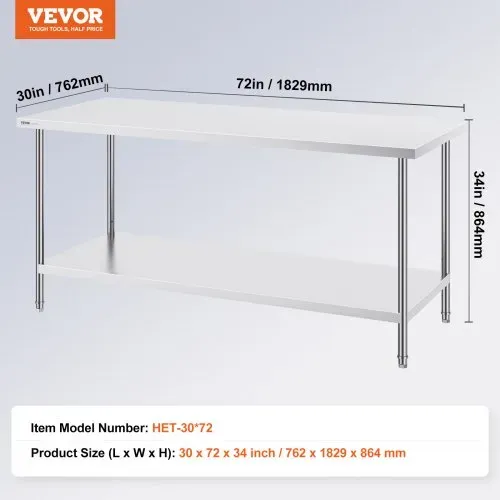VEVOR Zubereitungstisch aus Edelstahl, Robuster Arbeitstisch aus Metall mit 3 einstellbaren Höhenstufen, Arbeitsstation für Küche, Garage, Restaurant, Hinterhof 762 x 1829 x 864 mm – Bild 6
