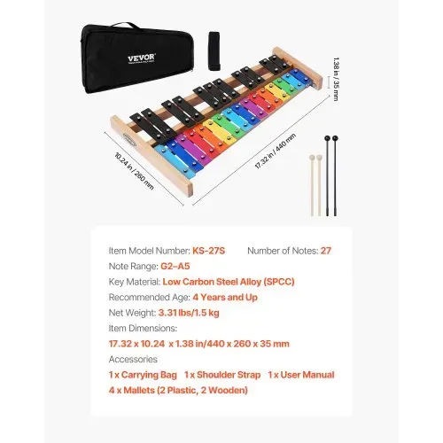 VEVOR Glockenspiel, 27 Noten, professionelles Xylophon-Schlaginstrument, mit SPCC-Klappen & bunten Metalltasten, inklusive 4 Schlägeln, Tragetasche, Musikinstrumenten-Set für Anfänger – Bild 6