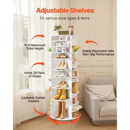 VEVOR Schuhregal Schuhschrank für 28 Paar Schuhe (7-stöckig) 360° drehbar, rollbare Schuhaufbewahrung, Schuhablage für Schlafzimmer Wohnzimmer Eingangsbereich, Weiß 588 x 588 x 1646 mm – Bild 3