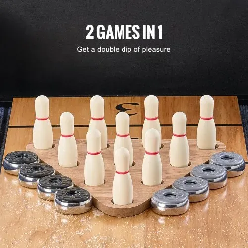 VEVOR Shuffleboard-Tisch, 11,5 Fuß Shuffleboard für Familienspielzimmer, 2-in-1-Shuffleboard- und Bowling-Kombispielset, mit kratzfestem Spielfeld, Beinen, 8 Pucks, Bowlingset, Wachs und Tischbürste – Bild 2