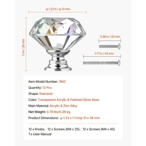VEVOR Möbelknöpfe, 12er-Pack, 31 mm Schrankknöpfe aus Acryl & Zinklegierung, Schubladenknöpfe, massive Küchenknöpfe in Diamantform, Knauf mit Schrauben für Badezimmer, Schränke, Schubladen – Bild 6