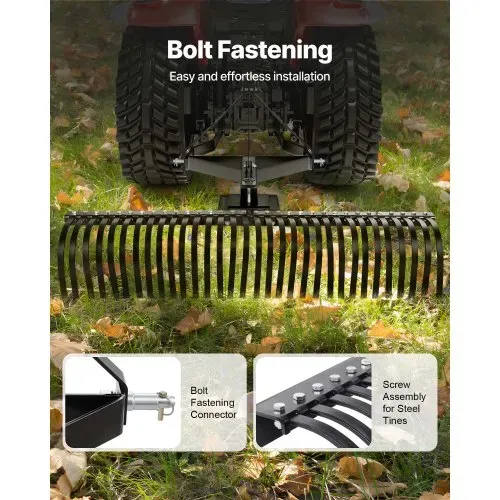 VEVOR Vertikutierer, 1525 mm Arbeitsbreite, Rasentraktor Rechen mit 32 robusten Stahlzinken, Traktor-kompatibler Dreipunkt-Gartenrechen, Rasenlüfter ideal für Bodenbearbeitung & Rasenpflege – Bild 4