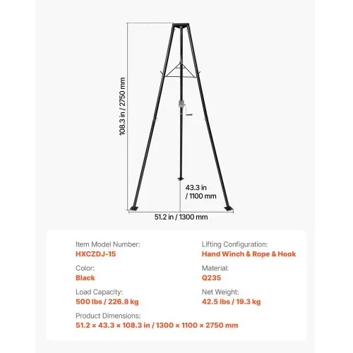 VEVOR Game Hoist, 227 kg Tragkraft, Jagd-Wildhebezeug mit Seilwinde und Gambrel, Wildaufhänger, Jagdspiel Zubehör zur Enthäutung und Reinigung von Jagdwild, 1300 x 1100 x 2750 mm, Schwarz – Bild 6
