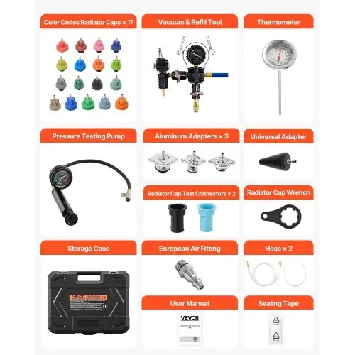 VEVOR Kühlmitteldruckprüfer Set 47-tlg. Kühlwasser Befüllgerät mit 3 Metalladaptern, universelle Passform, Druckprüfwerkzeug für Kfz-Kühlsysteme, mit Druckpumpe und Kunststofffüller – Bild 6