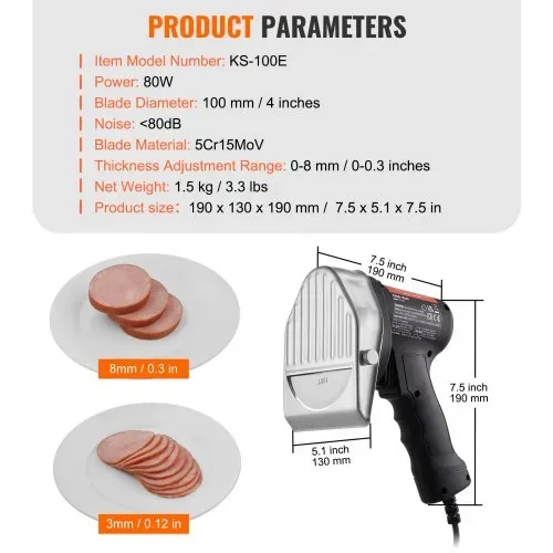 VEVOR Elektrisches Schawarma-Messer, 80 W, Türkisches Kebab-Messer, Kommerzieller Gyro-Schneider aus Edelstahl, Döner-Kebab-Fleischschneider mit 2 Klingen, 100 mm Klingendurchmesser – Bild 6