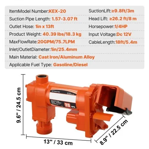 VEVOR Kraftstoffpumpe, 12 V DC, 20 GPM, 1/4 PS, Dieselpumpe mit automatischer Düse, Auslassschlauch und Saugrohr für Benzin, Diesel, Kerosin, Ethanol- und Methanolmischungen und Biodiesel – Bild 6