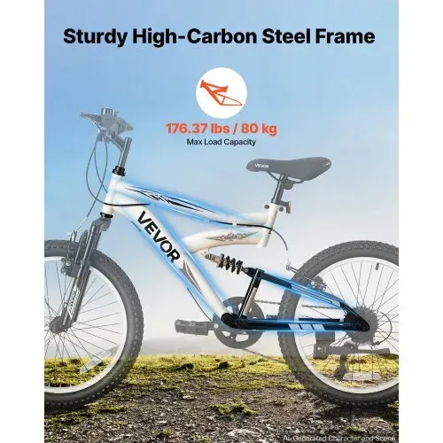 VEVOR Mountainbike 20 Zoll 6-Gang Fahrrad Kohlenstoffstahl mit Vollfederung für Freizeitfahrten in Parks und auf Radwegen, mit Verstellbarem Sattel, Klingel, Reflektoren, Lichthalterung und Bremsen – Bild 5