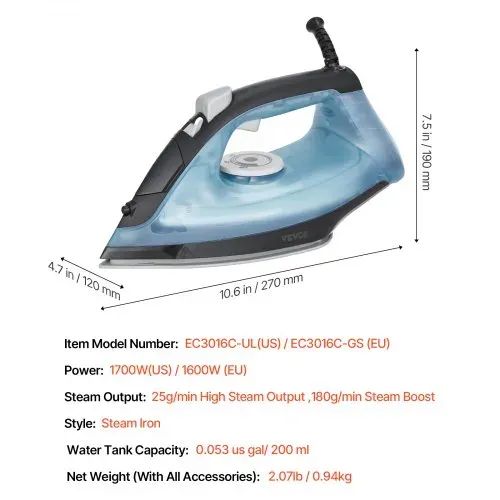 VEVOR Dampfbügeleisen Bügeleisen für Kleidung 1600 W, Aluminiumlegierung + PTFE-Bügelsohle, mit automatischer Abschaltung & Selbstreinigung & vier Temperatureinstellungen & Tropfschutz – Bild 6