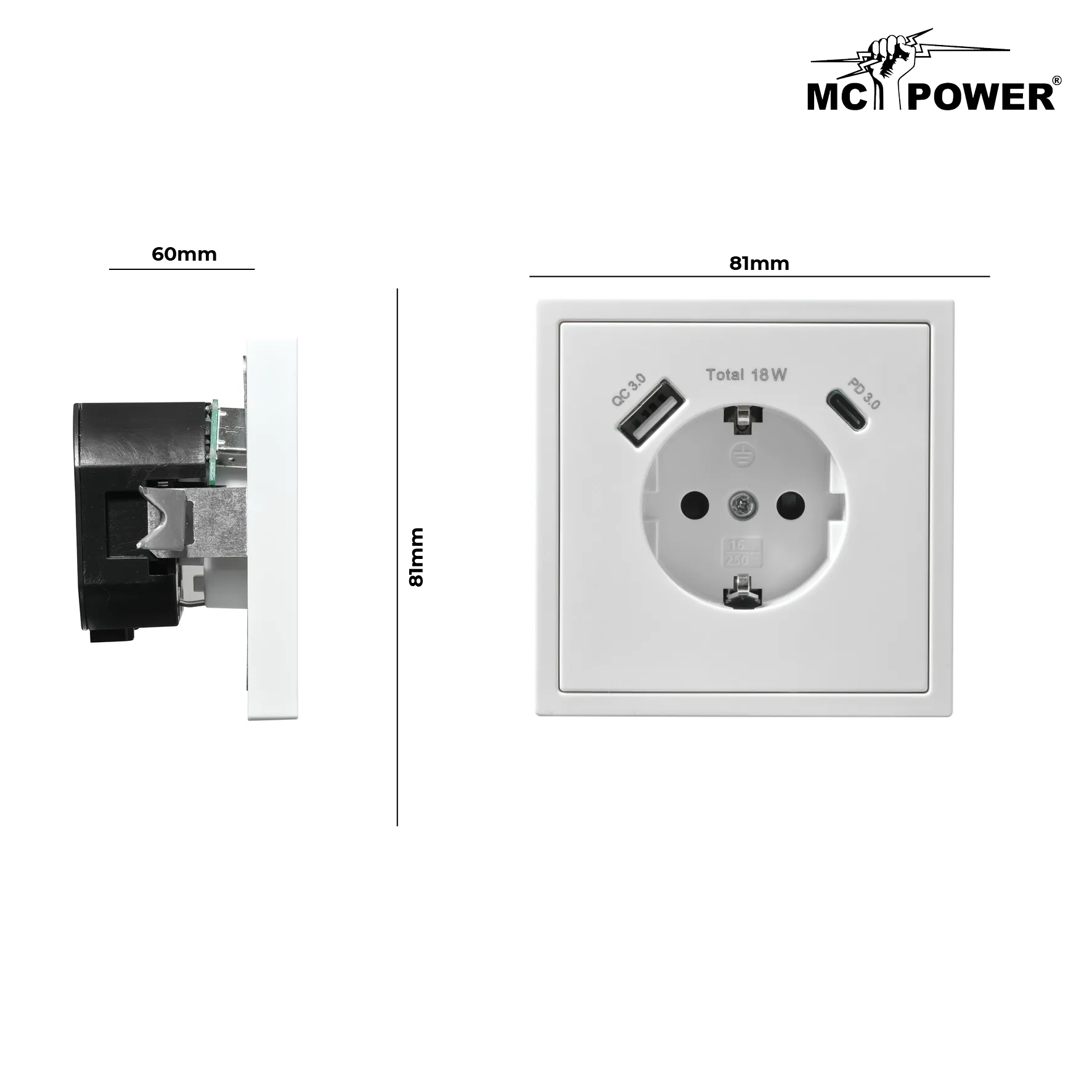 Schutzkontakt-Steckdose McPower ''Shallow'' 1x USB-C - 18W Quickcharge - 1x USB-A – Bild 3