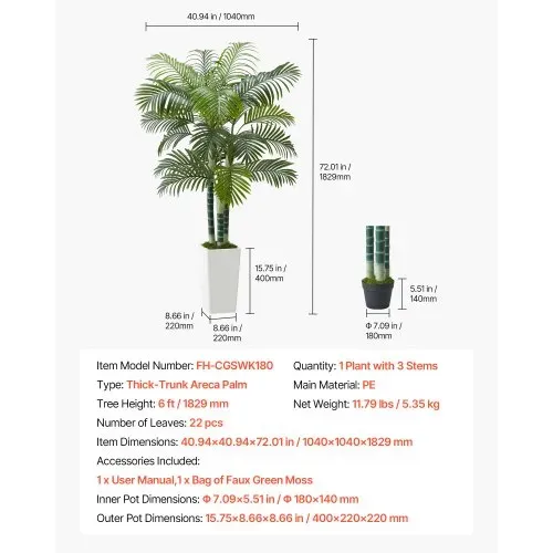 VEVOR Künstliche Areca-Palme, 1,8 m, künstliche tropische Palmenpflanzen mit weißem, hohem Pflanzgefäß, Kunstseidenpflanze im Topf, Kunstbaum für Veranden, Wohnzimmer, Terrassen Zuhause, Büro – Bild 6