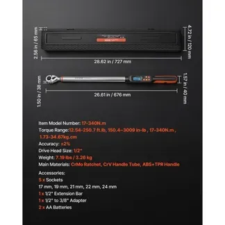 VEVOR Digitales Drehmomentschlüssel-Set 1/2 Zoll-Antrieb 4 Einheiten, ±2 % Genauigkeit LCD-Display mit Summer & LED-Anzeige Steckschlüsseln Verlängerungsstange & Adapter für Kfz-Reparaturen VEVOR Digitales Drehmomentschlüssel-Set 1/2 Zoll-Antrieb 4 Einheiten, ±2 % Genauigkeit LCD-Display mit Summer & LED-Anzeige Steckschlüsseln Verlängerungsstange & Adapter für Kfz-Reparaturen