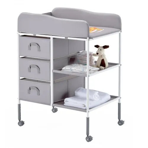 VEVOR Wickeltisch tragbare Wickelstation mit 3 Stoffschubladen & feststellbaren Rädern, höhenverstellbarer multifunktionaler Baby-Wickelkombi mit Aufbewahrungs-Organizer fürs Kinderzimmer Grau VEVOR Wickeltisch tragbare Wickelstation mit 3 Stoffschubladen & feststellbaren Rädern, höhenverstellbarer multifunktionaler Baby-Wickelkombi mit Aufbewahrungs-Organizer fürs Kinderzimmer Grau