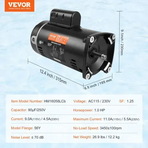 VEVOR 1 PS Poolpumpenmotor, 56Y Rahmen, 115V(9 Ampere)/230V(4.5 Ampere) 3450U/min, 60Hz, 1.25 Betriebsfaktor, 90μF/250V Kondensator, CCW Rotation Vierkantflansch Ersatzmotor – Bild 6