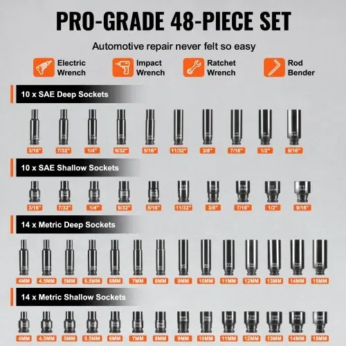 VEVOR 1/4 Zoll Schlagsteckschlüsselsatz 48-teiliger tiefer und flacher Steckschlüsselsatz SAE 3/16-9/16 Zoll & metrisch 4-15 mm, 6 Kant Cr-Mo-Legierungsstahl für Autoreparaturen mit Werkzeugkoffer – Bild 2