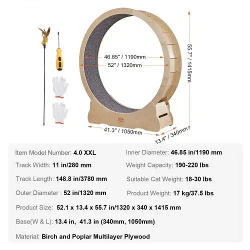 VEVOR Katzenlaufrad 1320x340x1415mm Laufrad Katzen aus Birken-& Pappelsperrholz Katzenrad Geräuscharm Abnehmbare Innenmatte Cat Wheel Geeignet für Katzen mit einem Gewicht von 8kg bis 14kg – Bild 6
