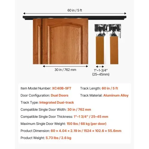 VEVOR Schiebetürbeschlag-Set 1524 mm, Doppelschiebetürschiene aus Aluminiumlegierung, Doppelspuriges Schiebetürsystem für Schränke (25–45 mm Dicke / 762 mm Breite), Leichtgängig & Leise – Bild 6